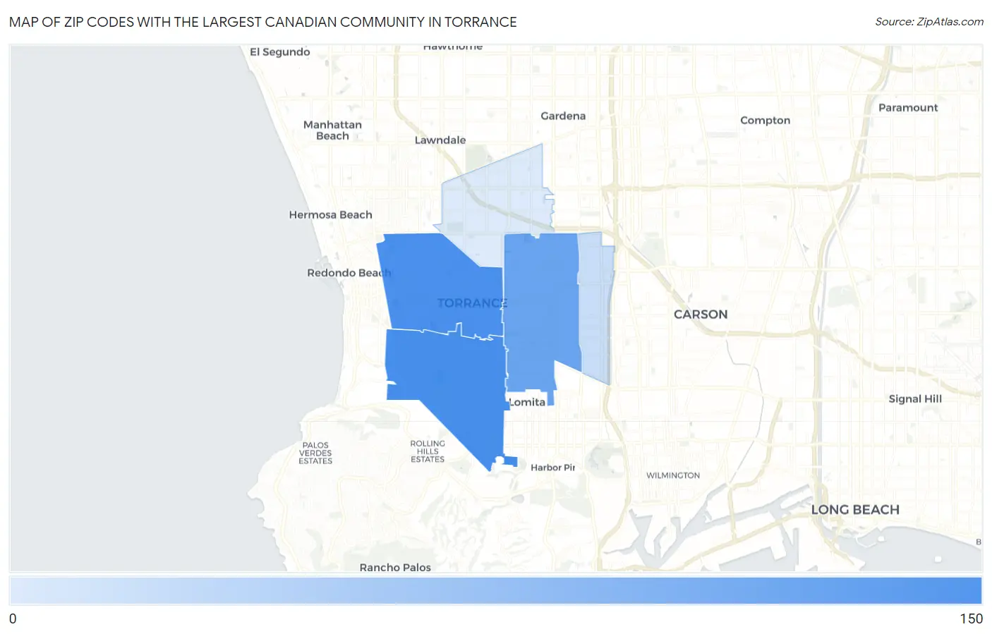 Zip Codes with the Largest Canadian Community in Torrance Map