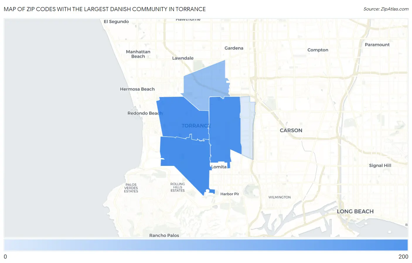 Zip Codes with the Largest Danish Community in Torrance Map