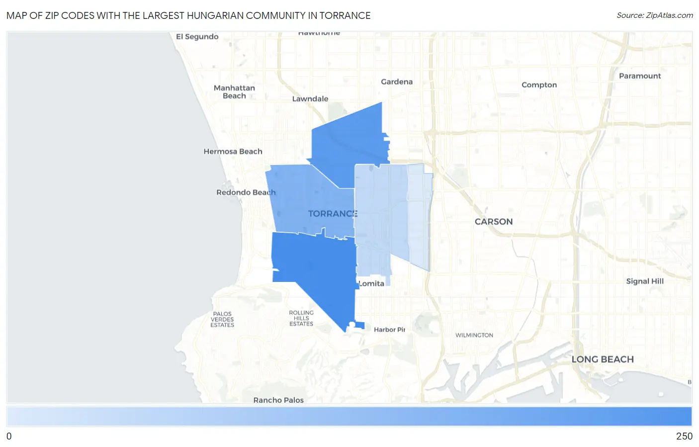 Zip Codes with the Largest Hungarian Community in Torrance Map