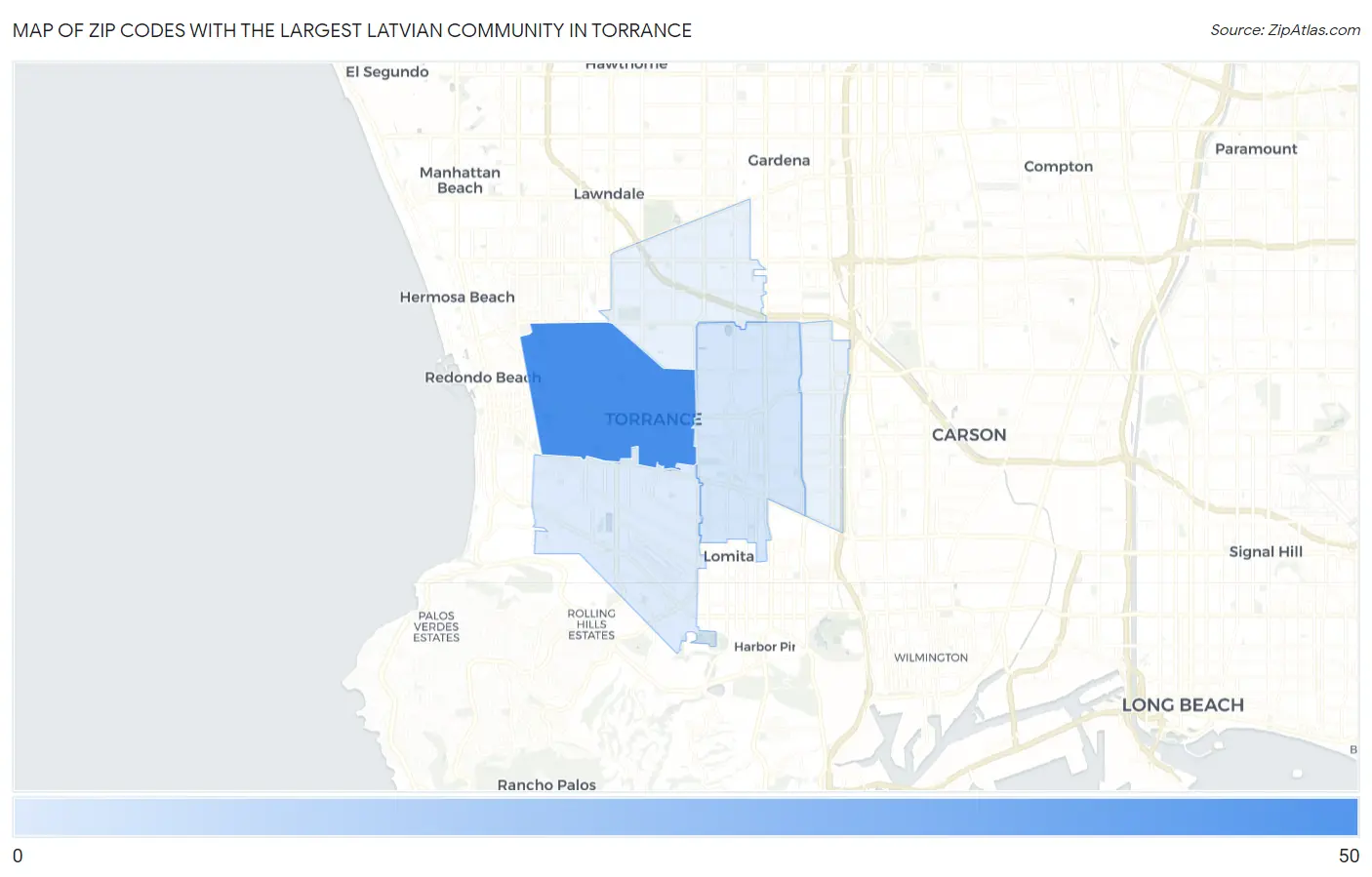 Zip Codes with the Largest Latvian Community in Torrance Map