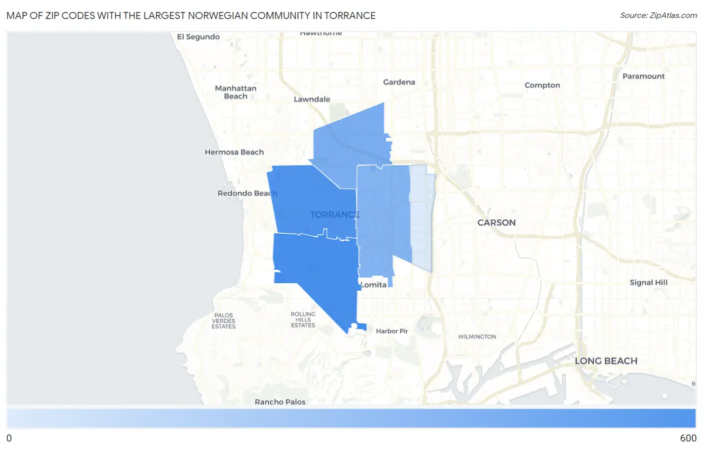 Zip Codes with the Largest Norwegian Community in Torrance Map