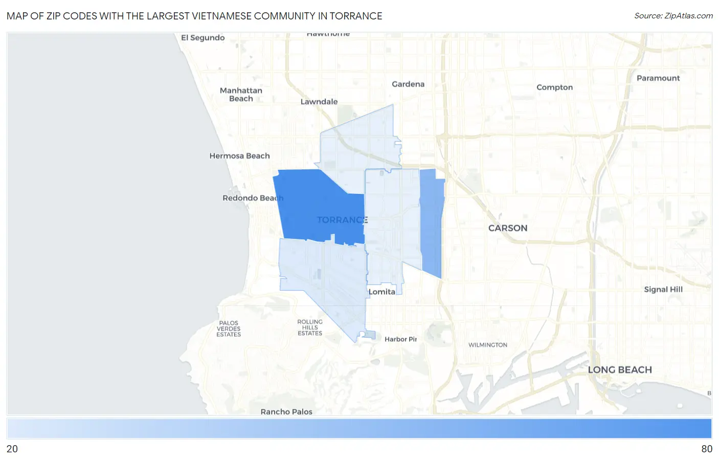 Zip Codes with the Largest Vietnamese Community in Torrance Map