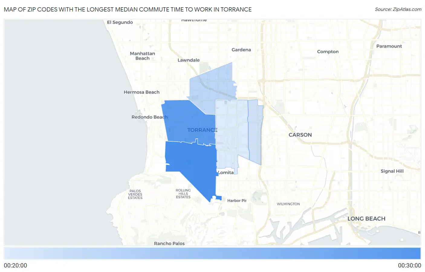 Zip Codes with the Longest Median Commute Time to Work in Torrance Map