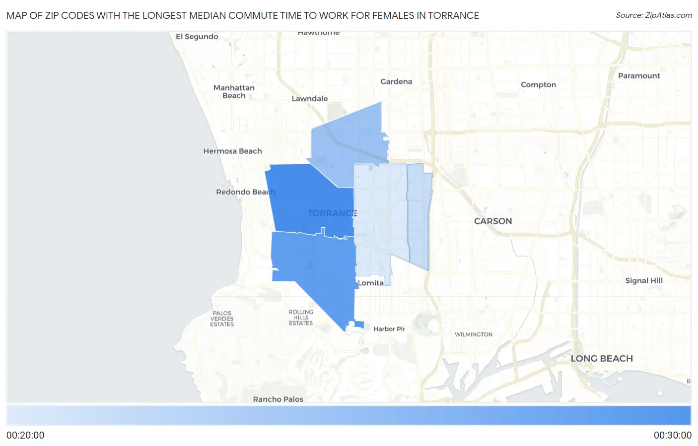 Zip Codes with the Longest Median Commute Time to Work for Females in Torrance Map