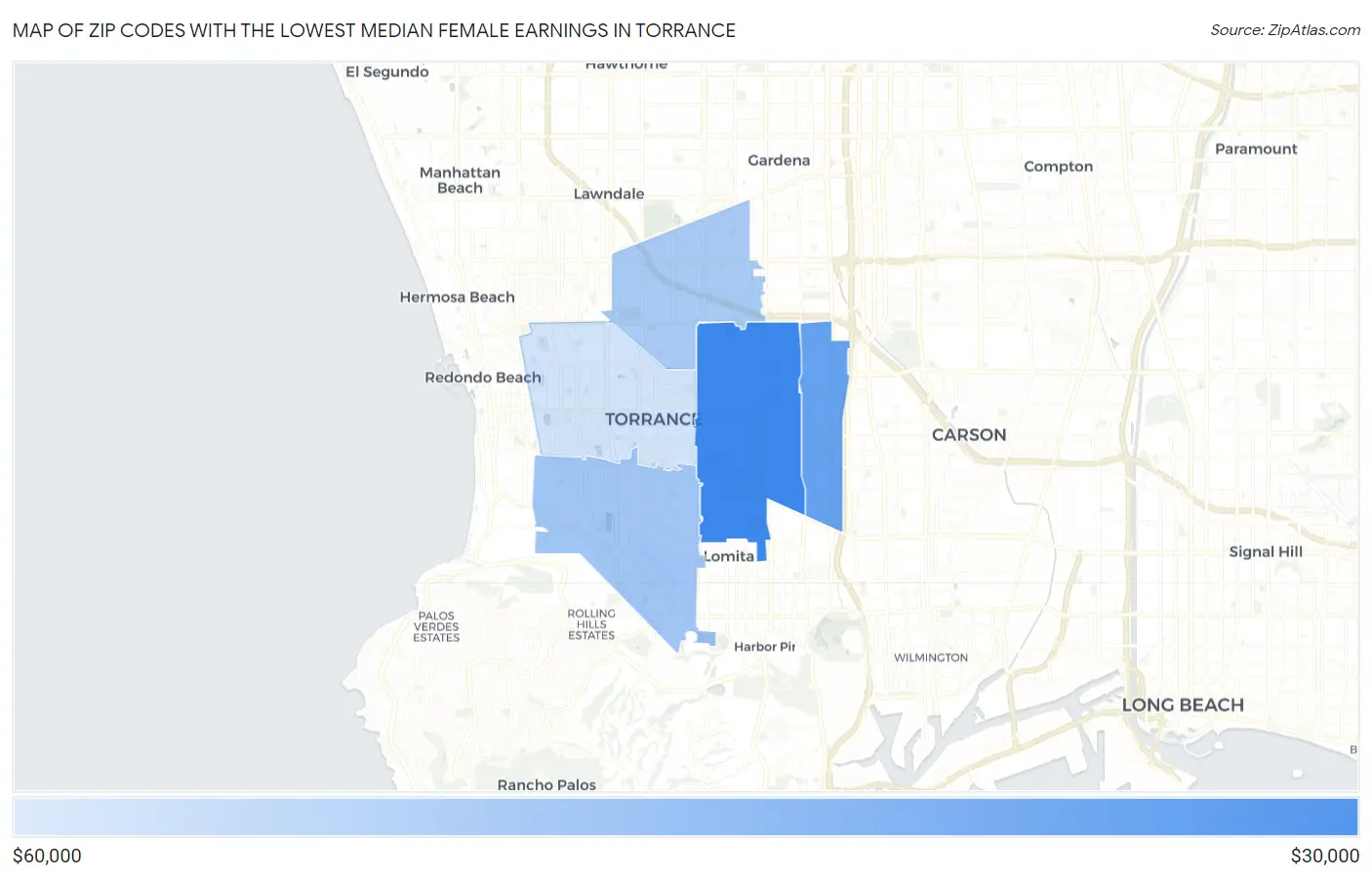 Zip Codes with the Lowest Median Female Earnings in Torrance Map