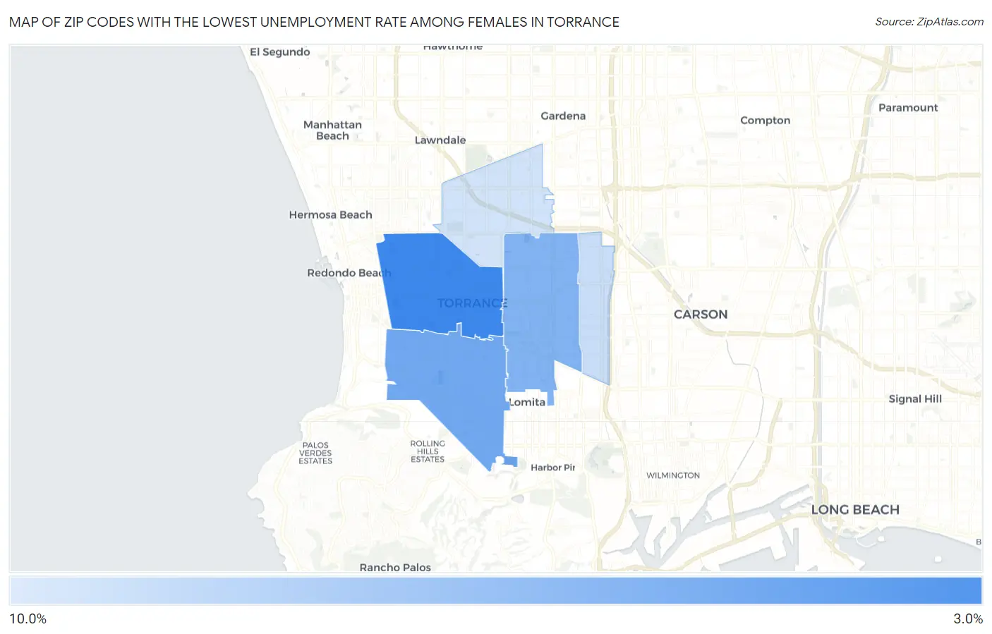 Zip Codes with the Lowest Unemployment Rate Among Females in Torrance Map