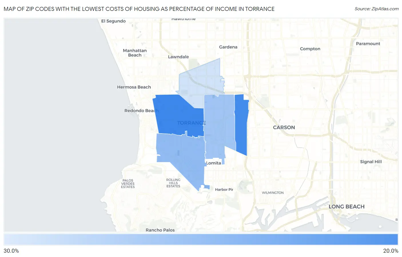 Zip Codes with the Lowest Costs of Housing as Percentage of Income in Torrance Map