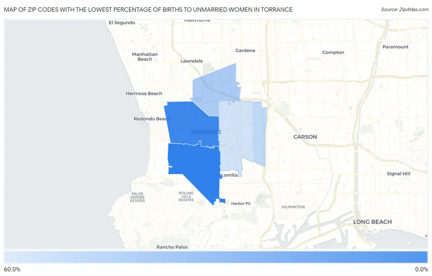 Zip Codes with the Lowest Percentage of Births to Unmarried Women in Torrance Map