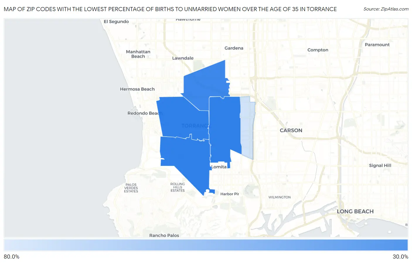 Zip Codes with the Lowest Percentage of Births to Unmarried Women over the Age of 35 in Torrance Map