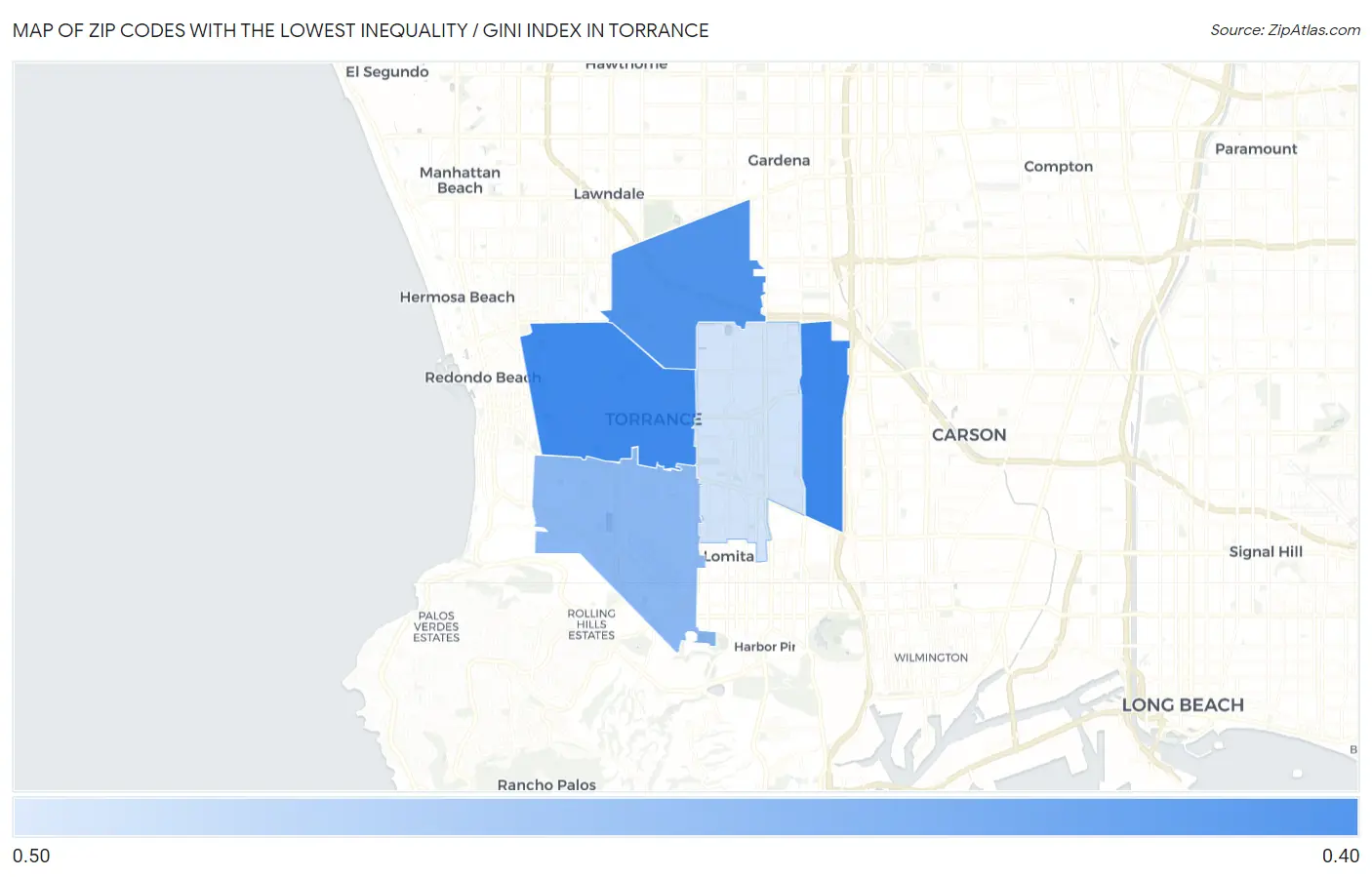 Zip Codes with the Lowest Inequality / Gini Index in Torrance Map