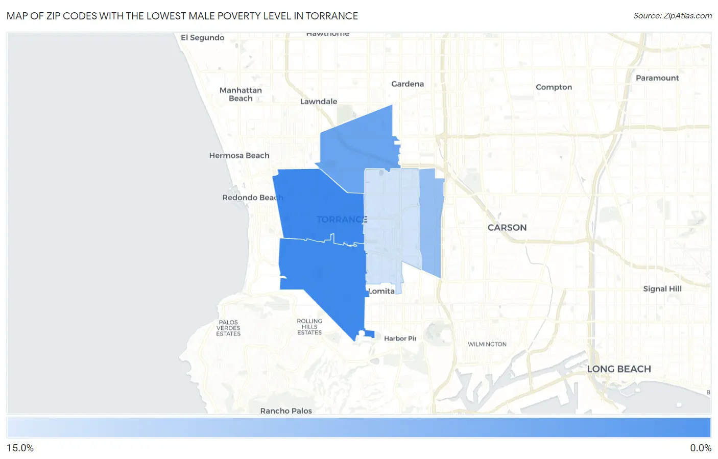 Zip Codes with the Lowest Male Poverty Level in Torrance Map