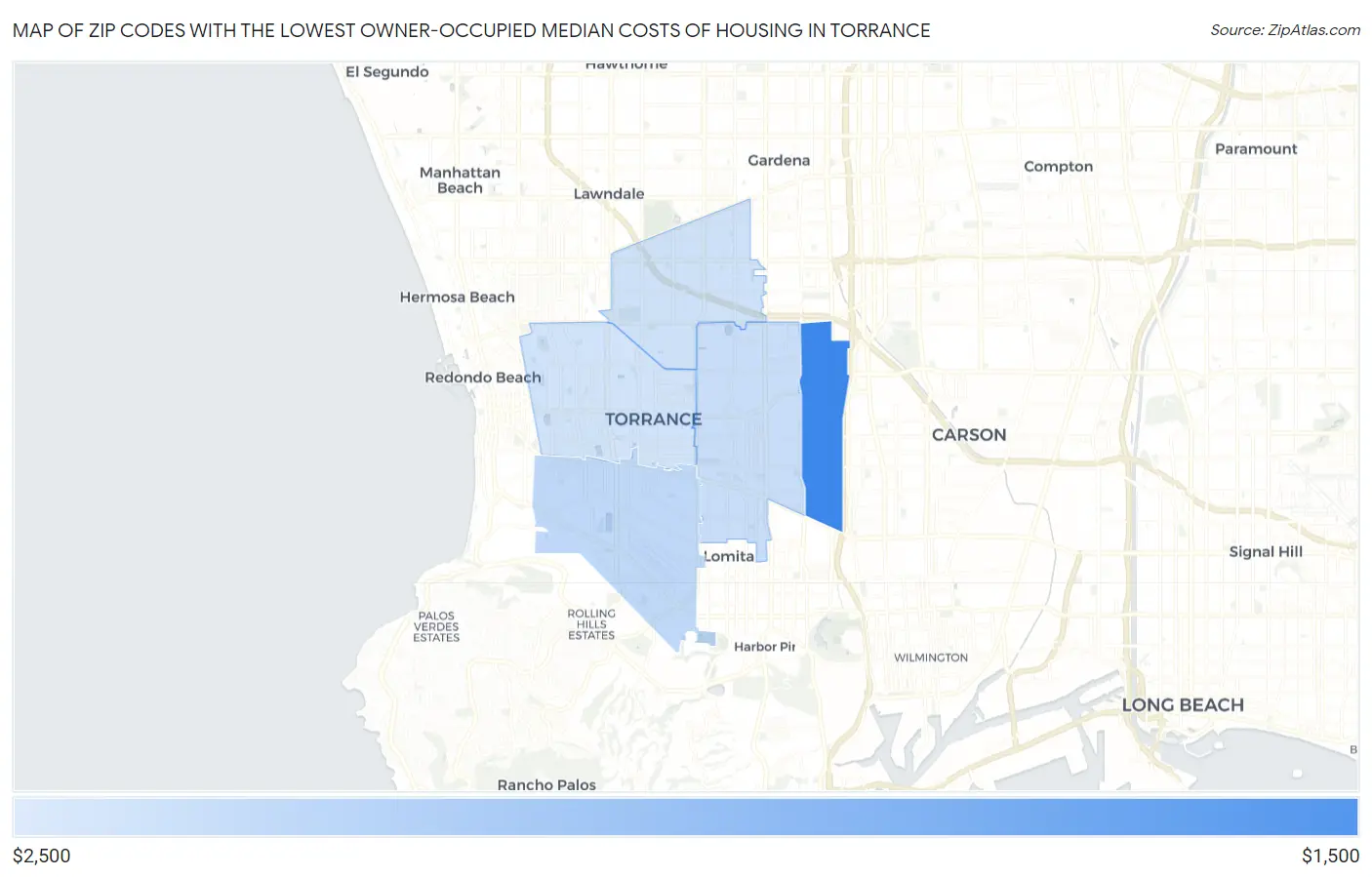Zip Codes with the Lowest Owner-Occupied Median Costs of Housing in Torrance Map