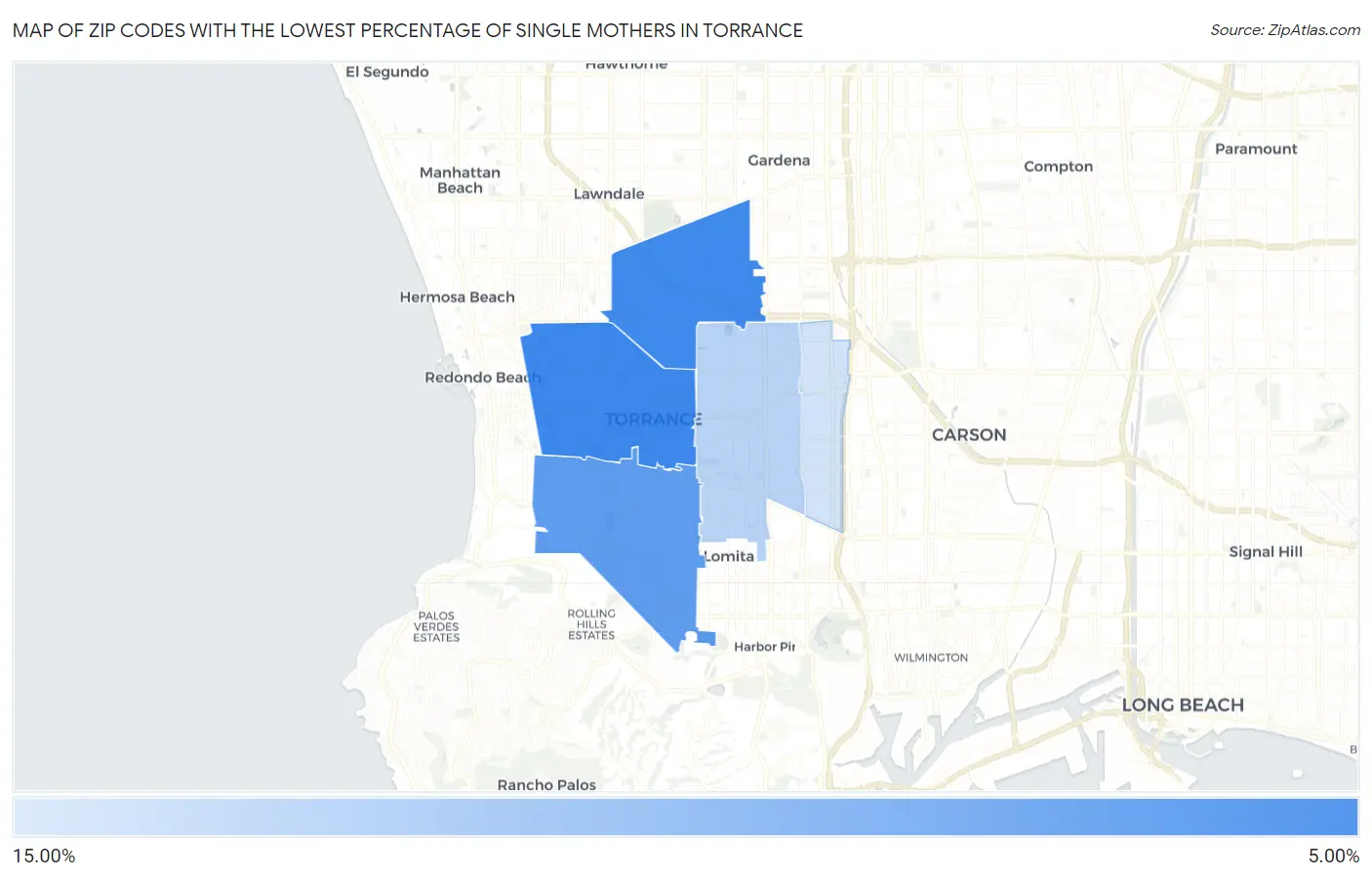 Zip Codes with the Lowest Percentage of Single Mothers in Torrance Map