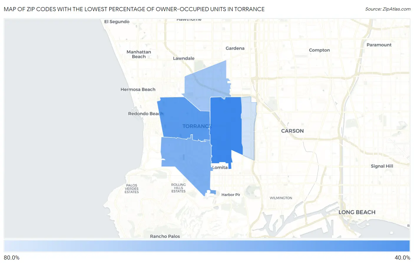 Zip Codes with the Lowest Percentage of Owner-Occupied Units in Torrance Map