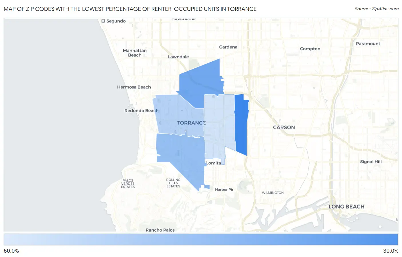 Zip Codes with the Lowest Percentage of Renter-Occupied Units in Torrance Map