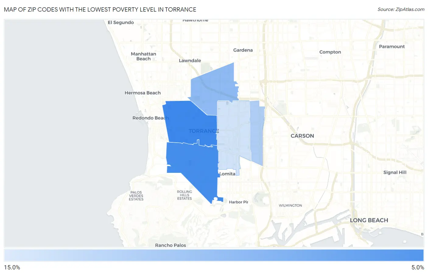 Zip Codes with the Lowest Poverty Level in Torrance Map