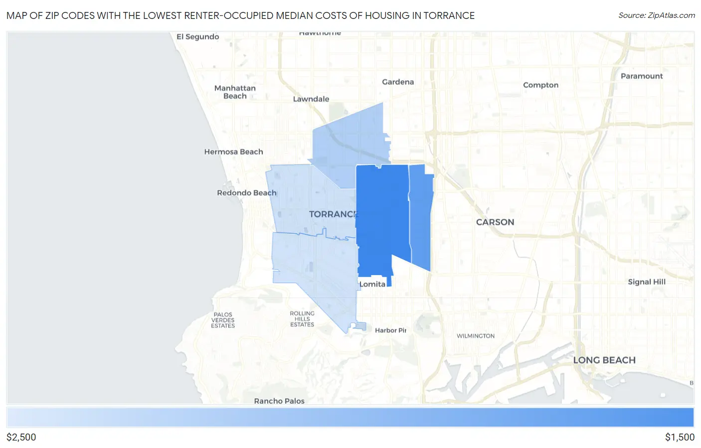 Zip Codes with the Lowest Renter-Occupied Median Costs of Housing in Torrance Map