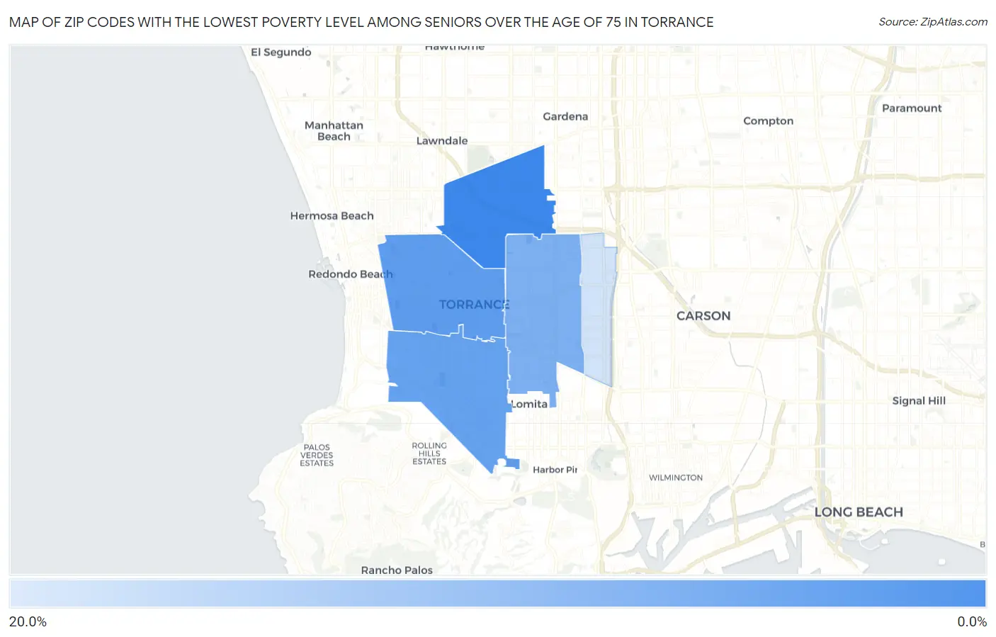 Zip Codes with the Lowest Poverty Level Among Seniors Over the Age of 75 in Torrance Map
