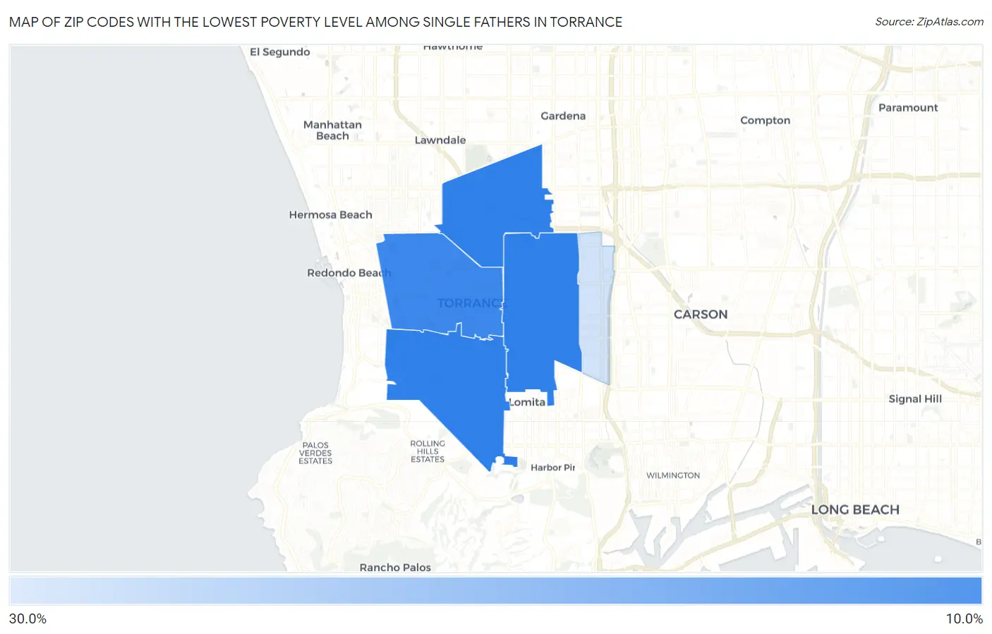 Zip Codes with the Lowest Poverty Level Among Single Fathers in Torrance Map