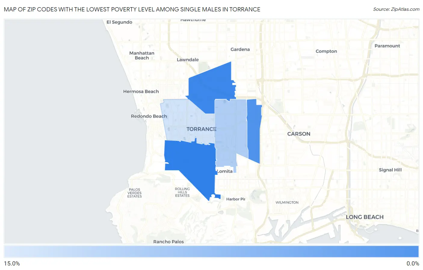 Zip Codes with the Lowest Poverty Level Among Single Males in Torrance Map