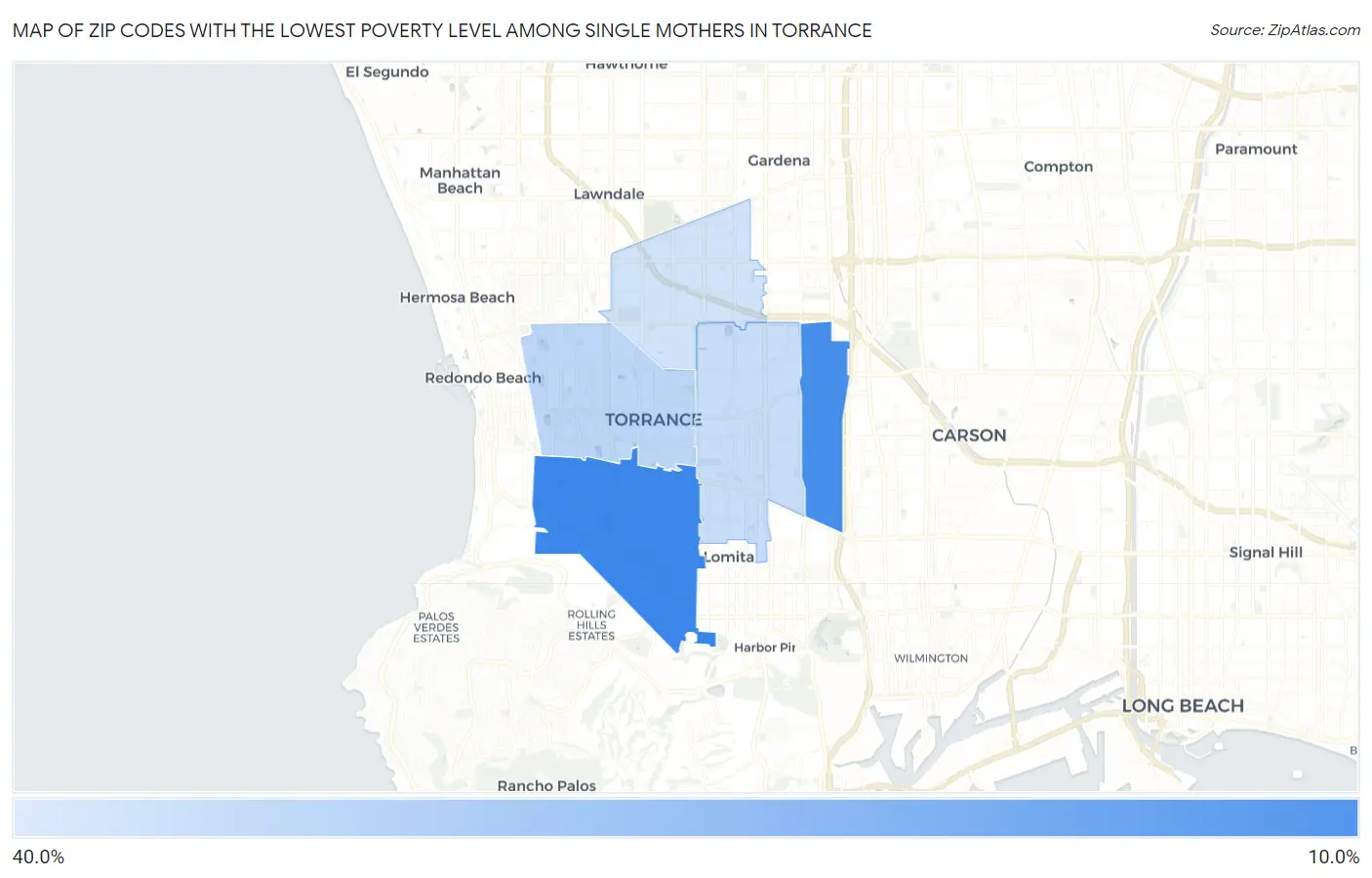 Zip Codes with the Lowest Poverty Level Among Single Mothers in Torrance Map