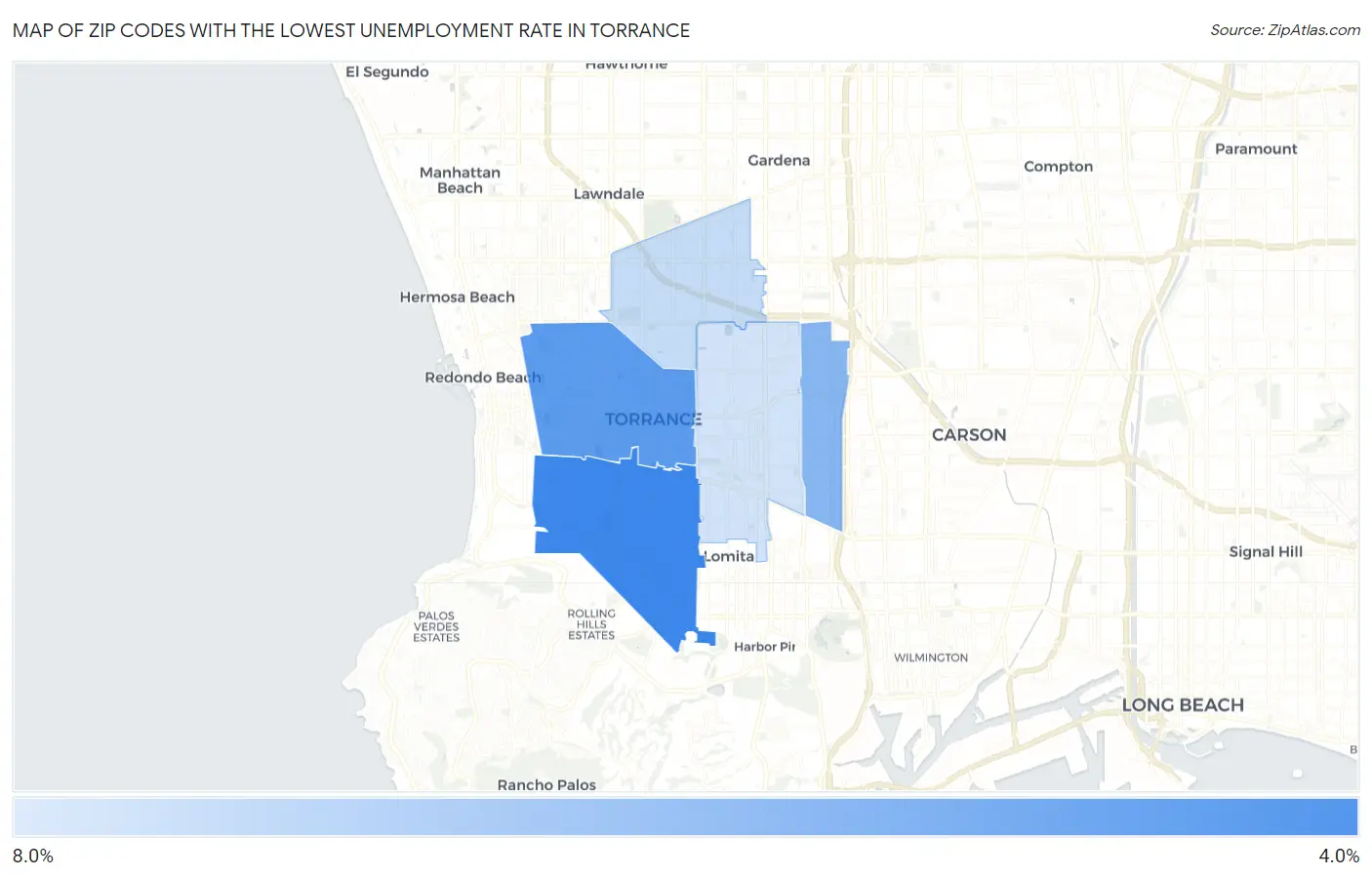 Zip Codes with the Lowest Unemployment Rate in Torrance Map
