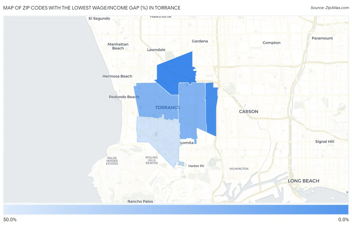 Zip Codes with the Lowest Wage/Income Gap (%) in Torrance Map