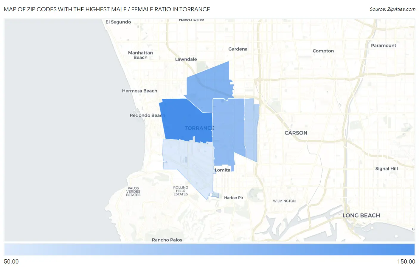 Zip Codes with the Highest Male / Female Ratio in Torrance Map