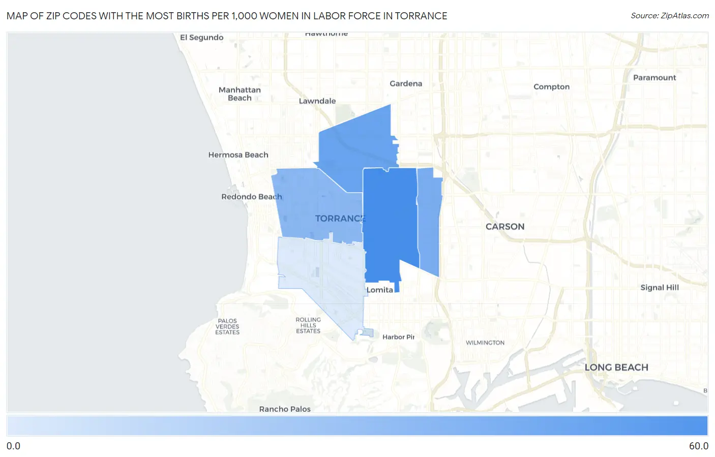 Zip Codes with the Most Births per 1,000 Women in Labor Force in Torrance Map