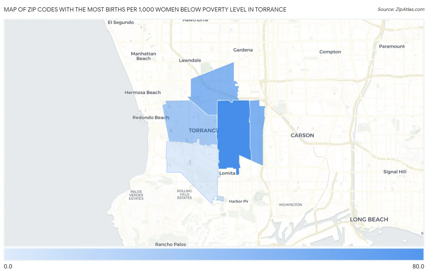Zip Codes with the Most Births per 1,000 Women Below Poverty Level in Torrance Map