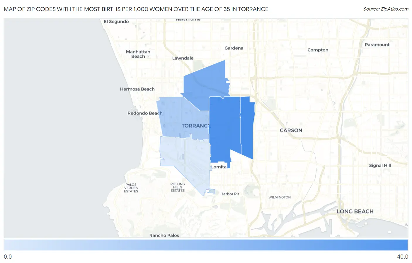 Zip Codes with the Most Births per 1,000 Women Over the Age of 35 in Torrance Map