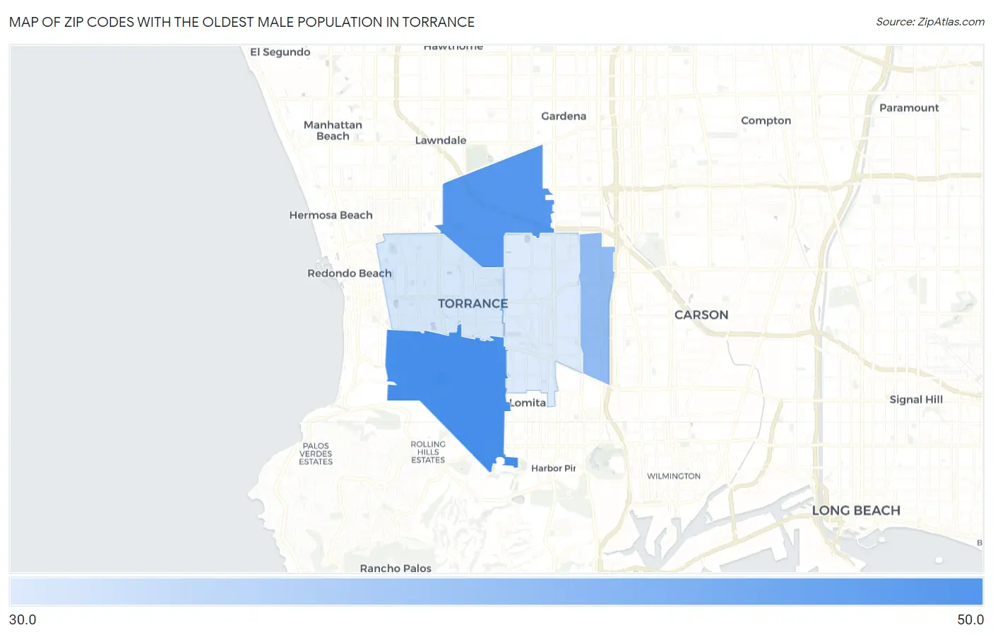 Zip Codes with the Oldest Male Population in Torrance Map