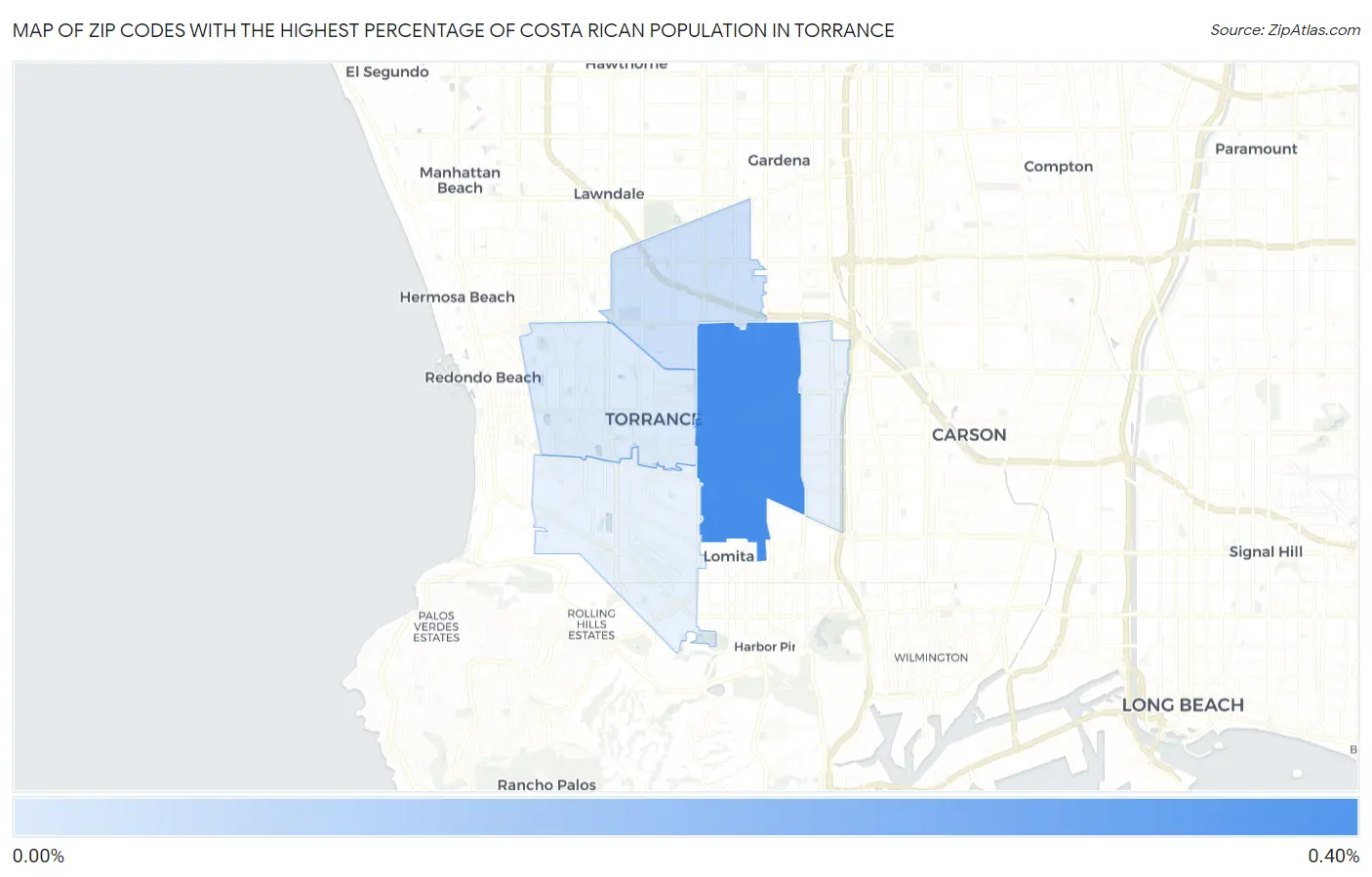 Zip Codes with the Highest Percentage of Costa Rican Population in Torrance Map