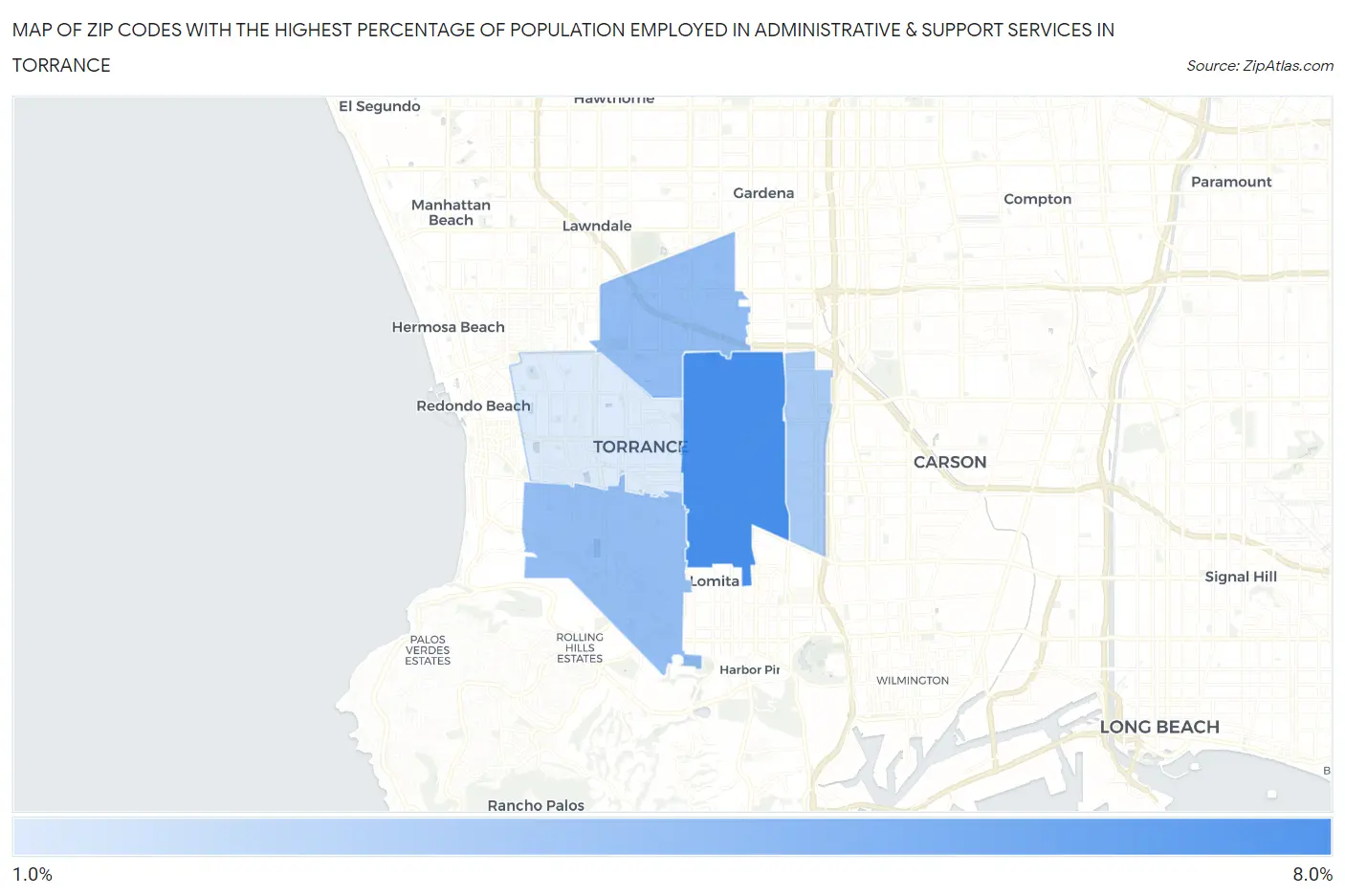 Zip Codes with the Highest Percentage of Population Employed in Administrative & Support Services in Torrance Map