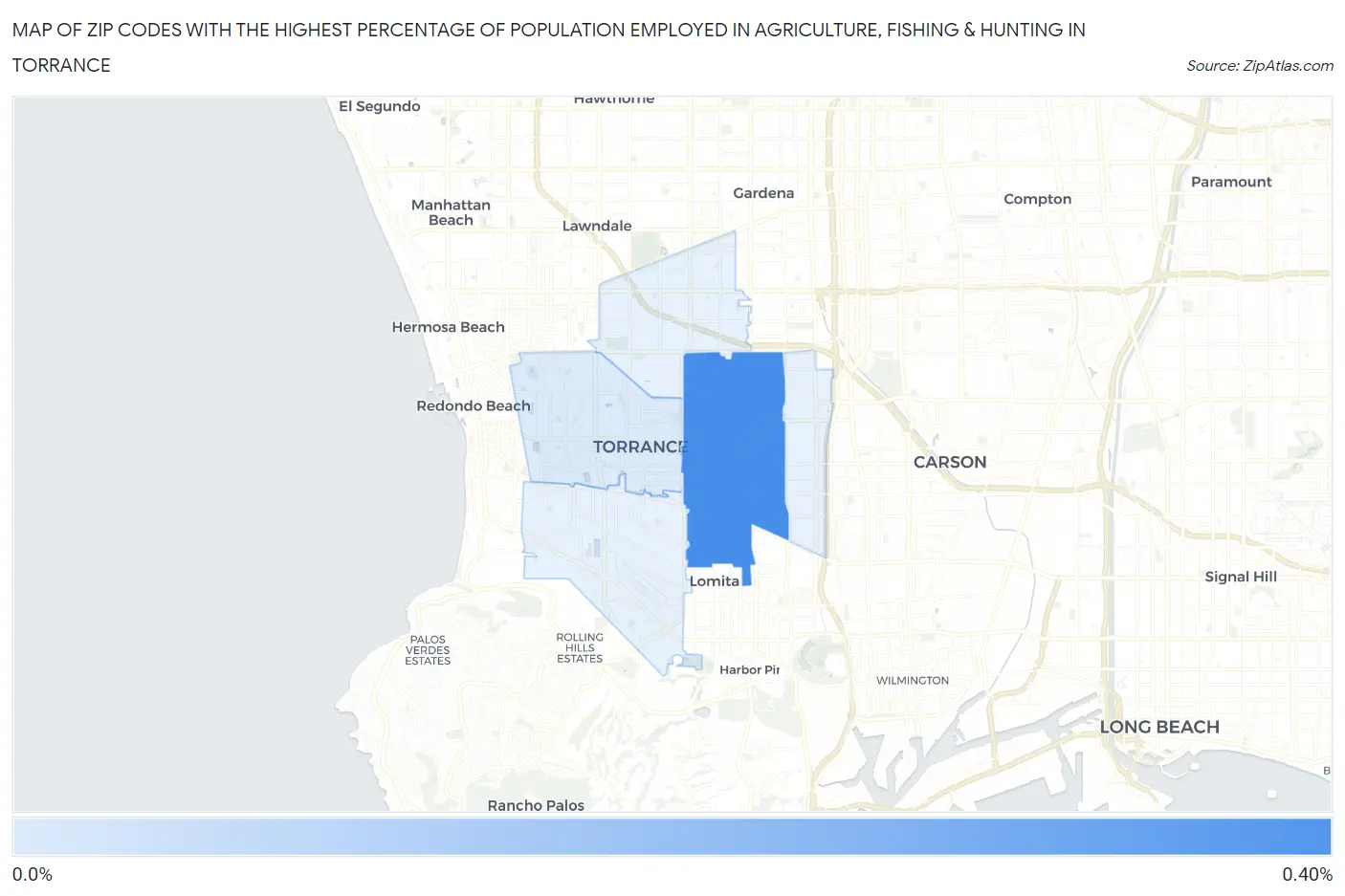 Zip Codes with the Highest Percentage of Population Employed in Agriculture, Fishing & Hunting in Torrance Map