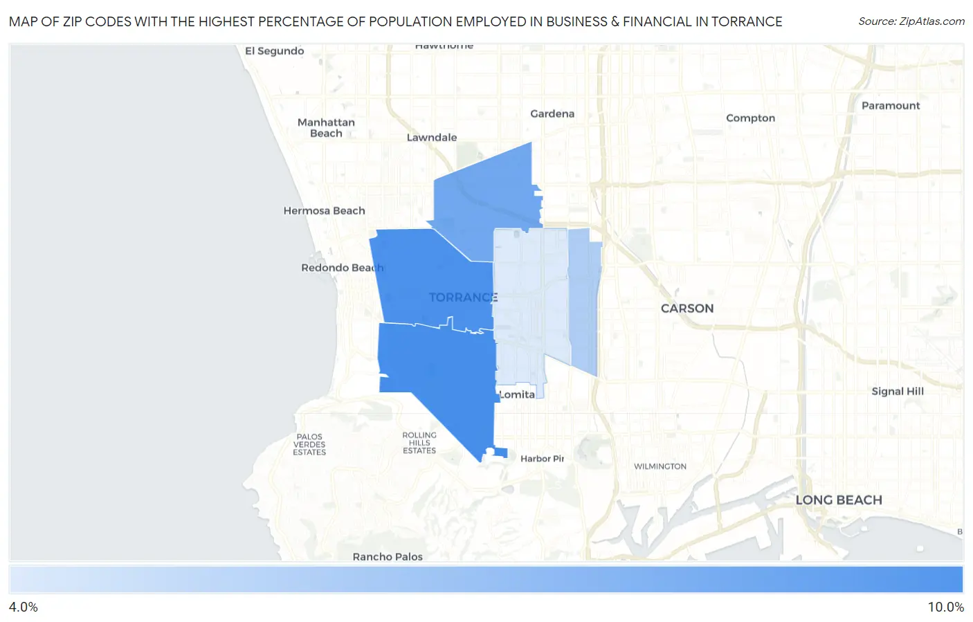 Zip Codes with the Highest Percentage of Population Employed in Business & Financial in Torrance Map