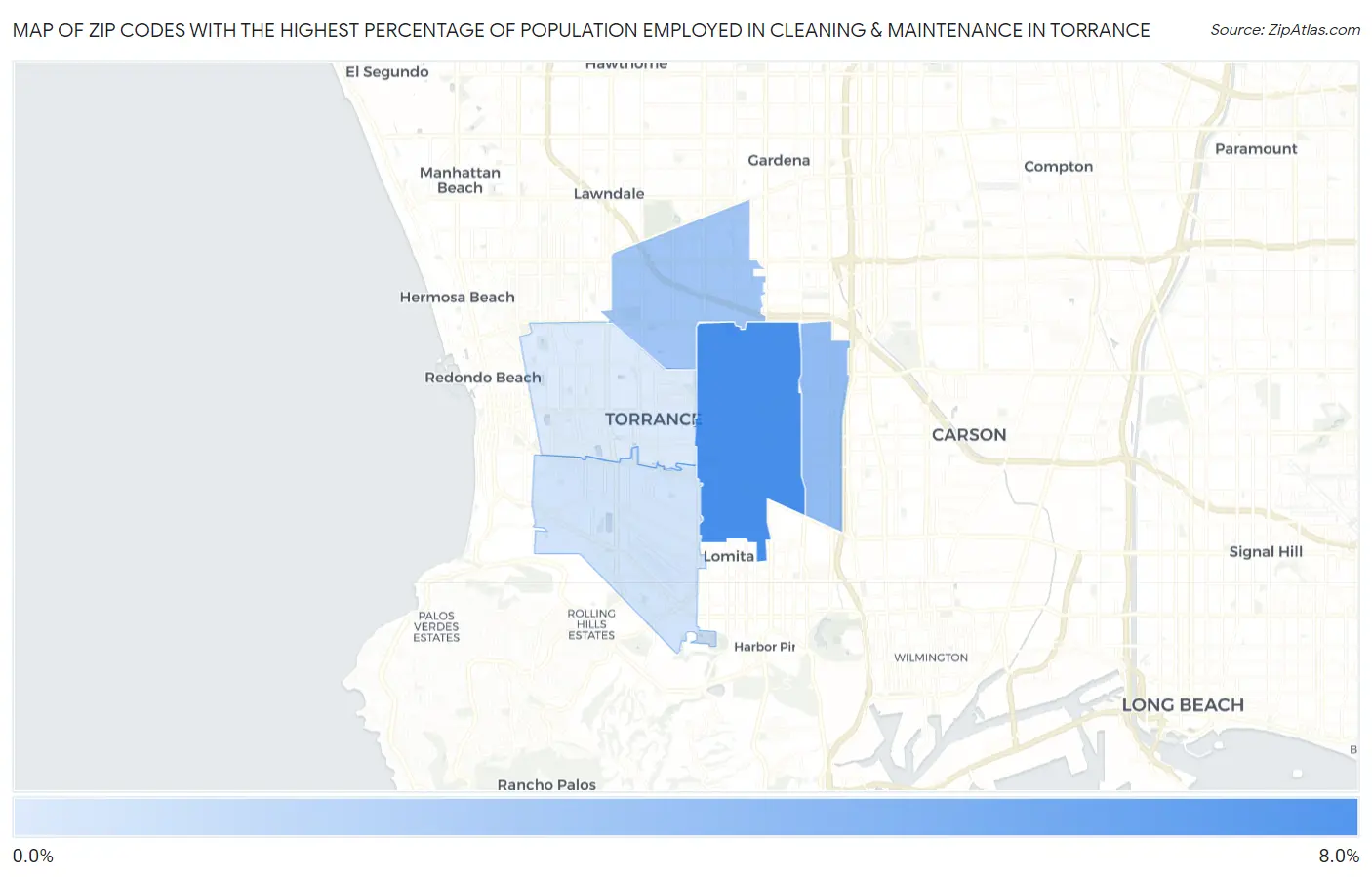 Zip Codes with the Highest Percentage of Population Employed in Cleaning & Maintenance in Torrance Map