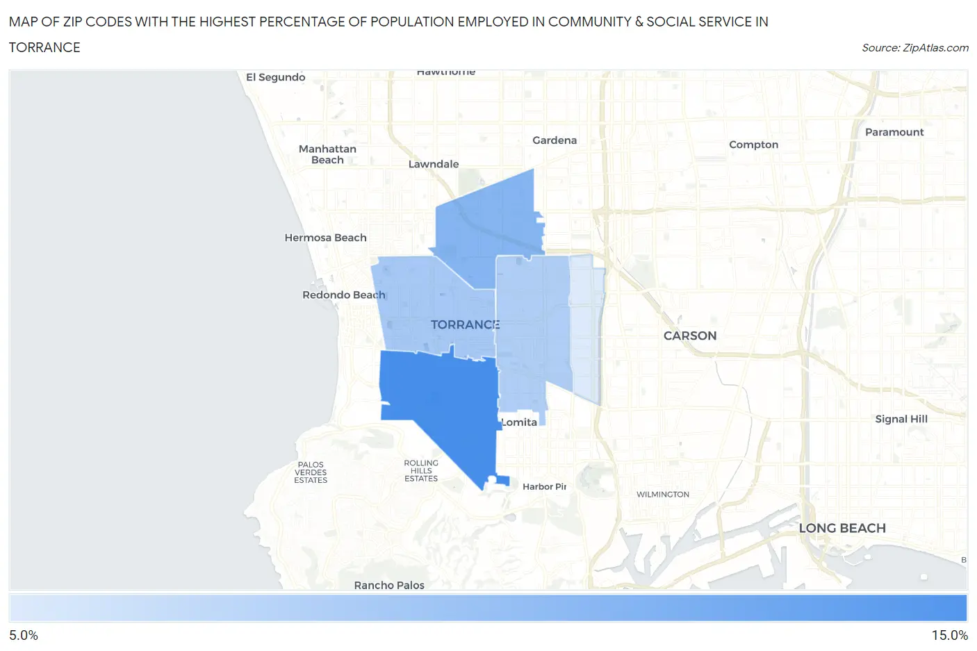 Zip Codes with the Highest Percentage of Population Employed in Community & Social Service  in Torrance Map