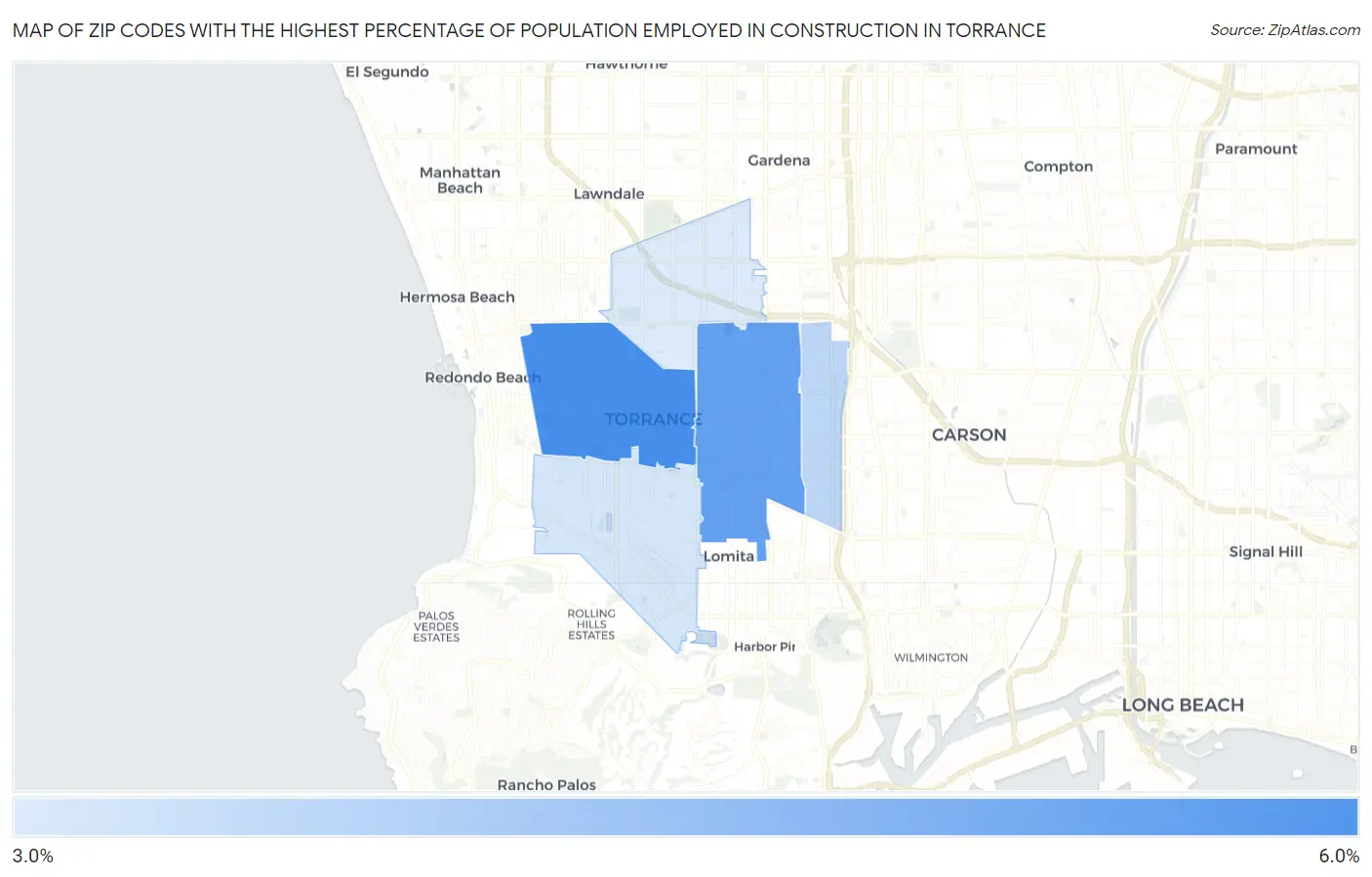 Zip Codes with the Highest Percentage of Population Employed in Construction in Torrance Map