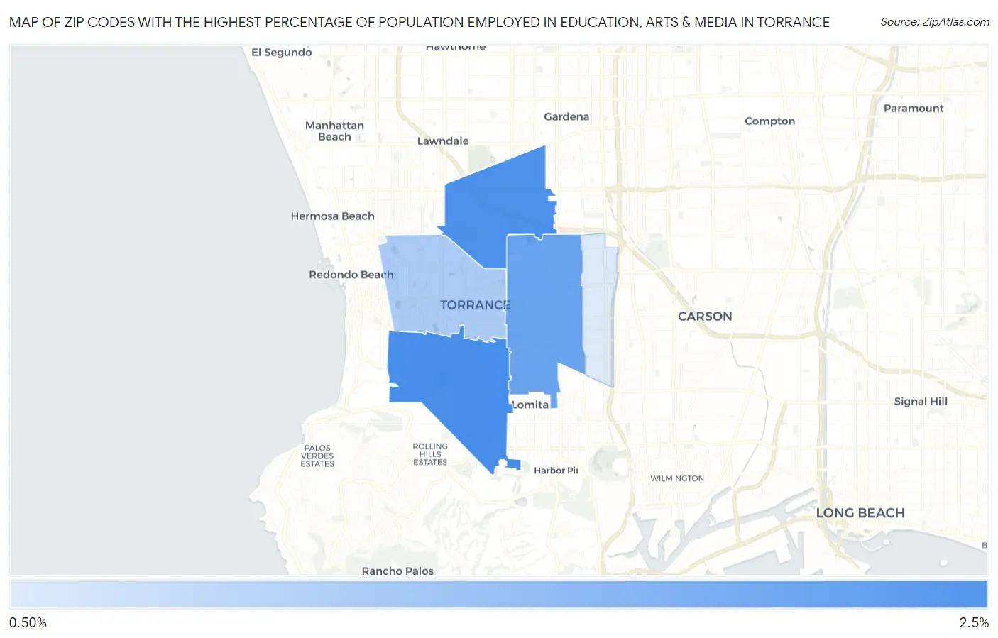 Zip Codes with the Highest Percentage of Population Employed in Education, Arts & Media in Torrance Map