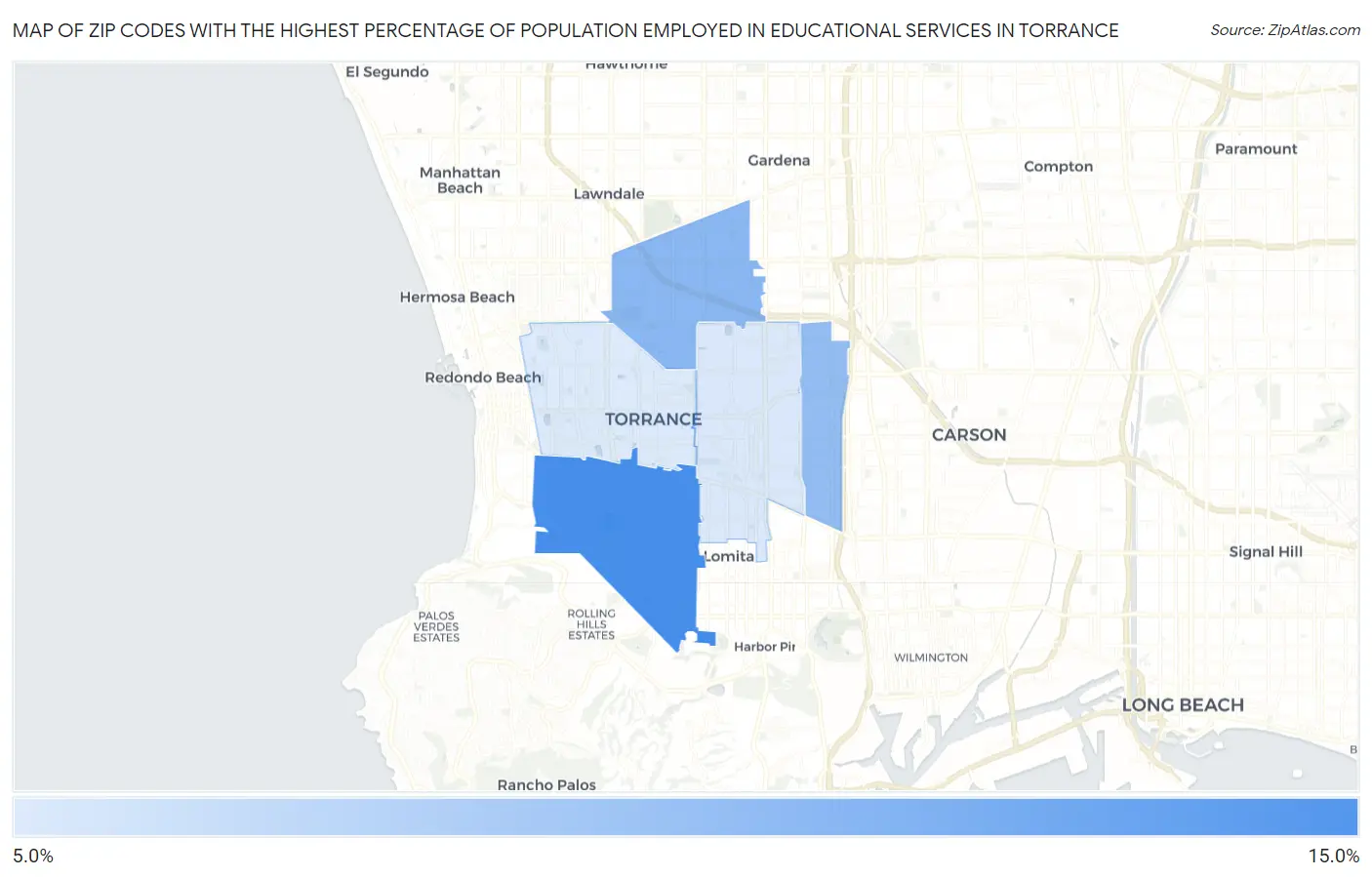 Zip Codes with the Highest Percentage of Population Employed in Educational Services in Torrance Map