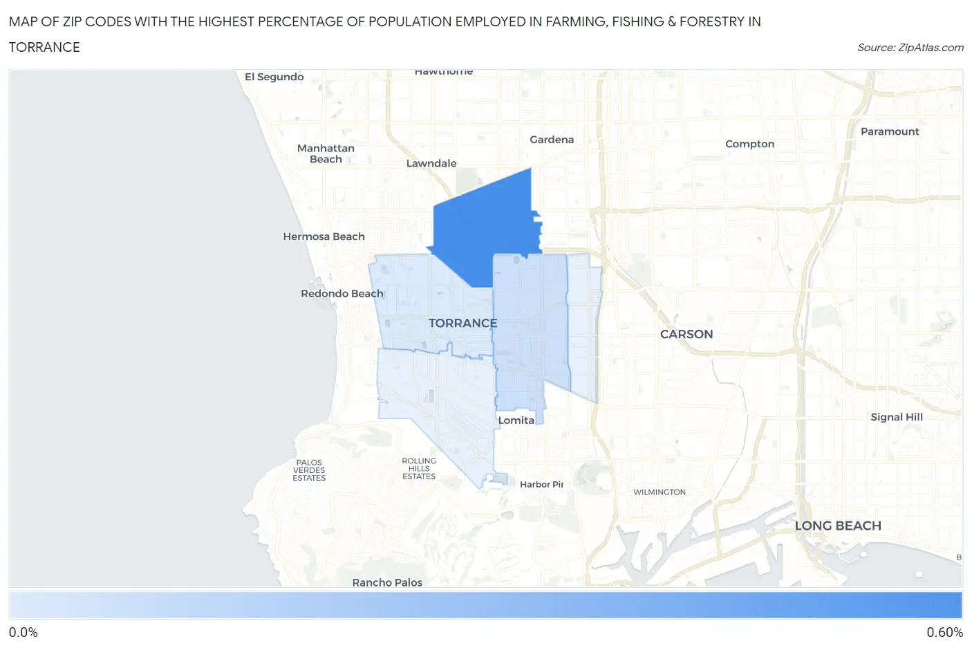 Zip Codes with the Highest Percentage of Population Employed in Farming, Fishing & Forestry in Torrance Map