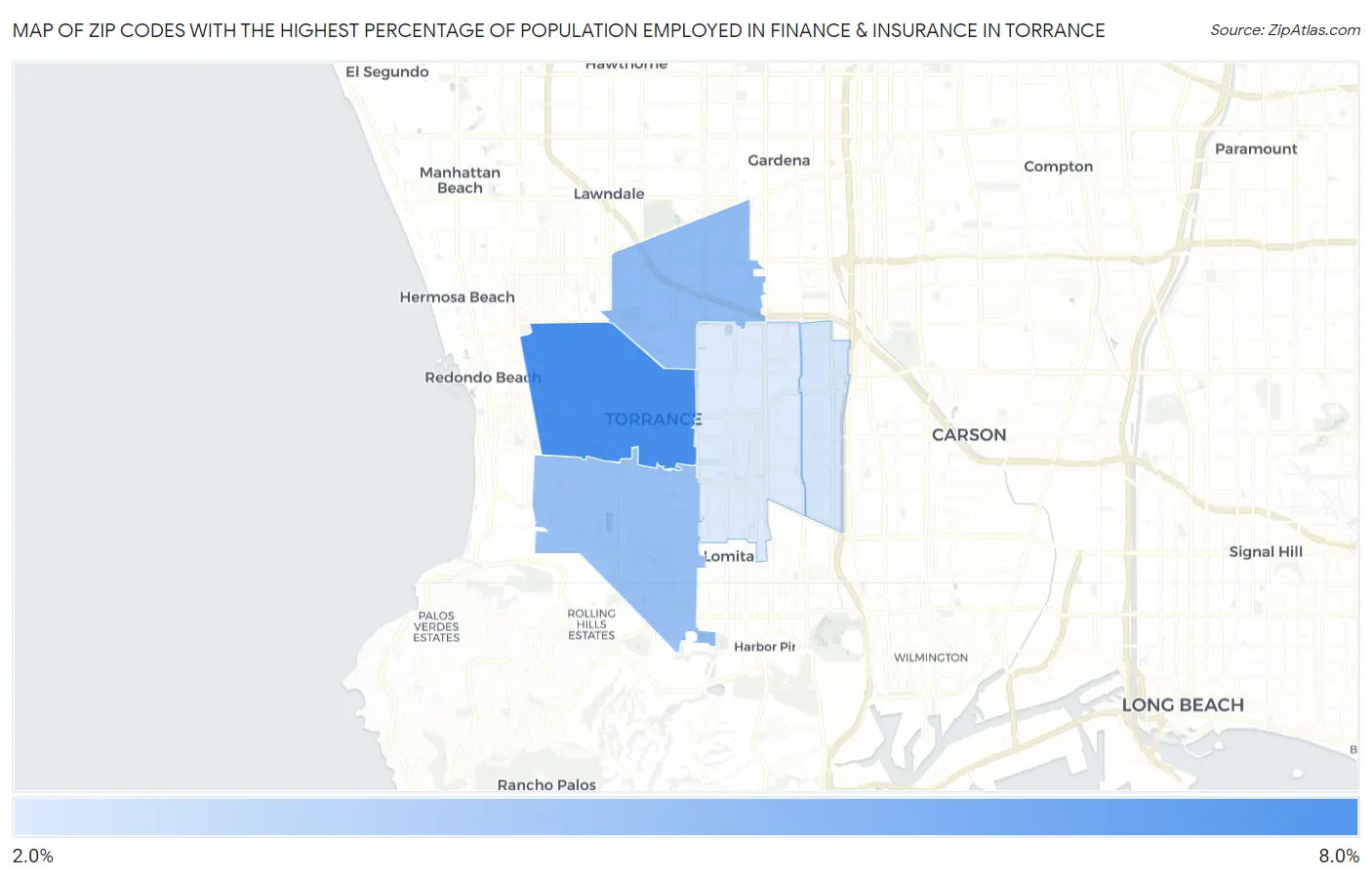 Zip Codes with the Highest Percentage of Population Employed in Finance & Insurance in Torrance Map