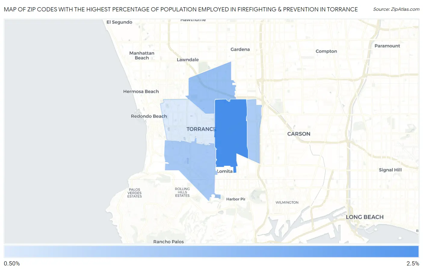 Zip Codes with the Highest Percentage of Population Employed in Firefighting & Prevention in Torrance Map