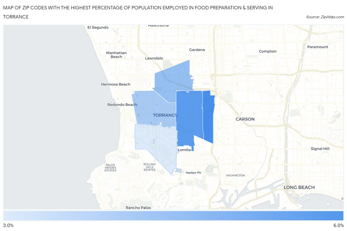 Zip Codes with the Highest Percentage of Population Employed in Food Preparation & Serving in Torrance Map