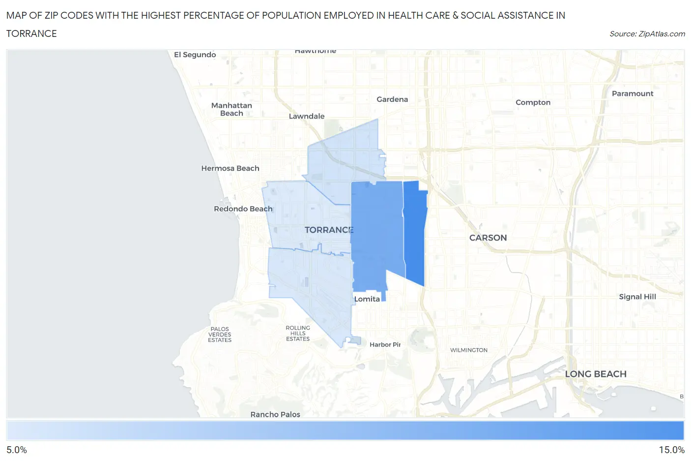 Zip Codes with the Highest Percentage of Population Employed in Health Care & Social Assistance in Torrance Map
