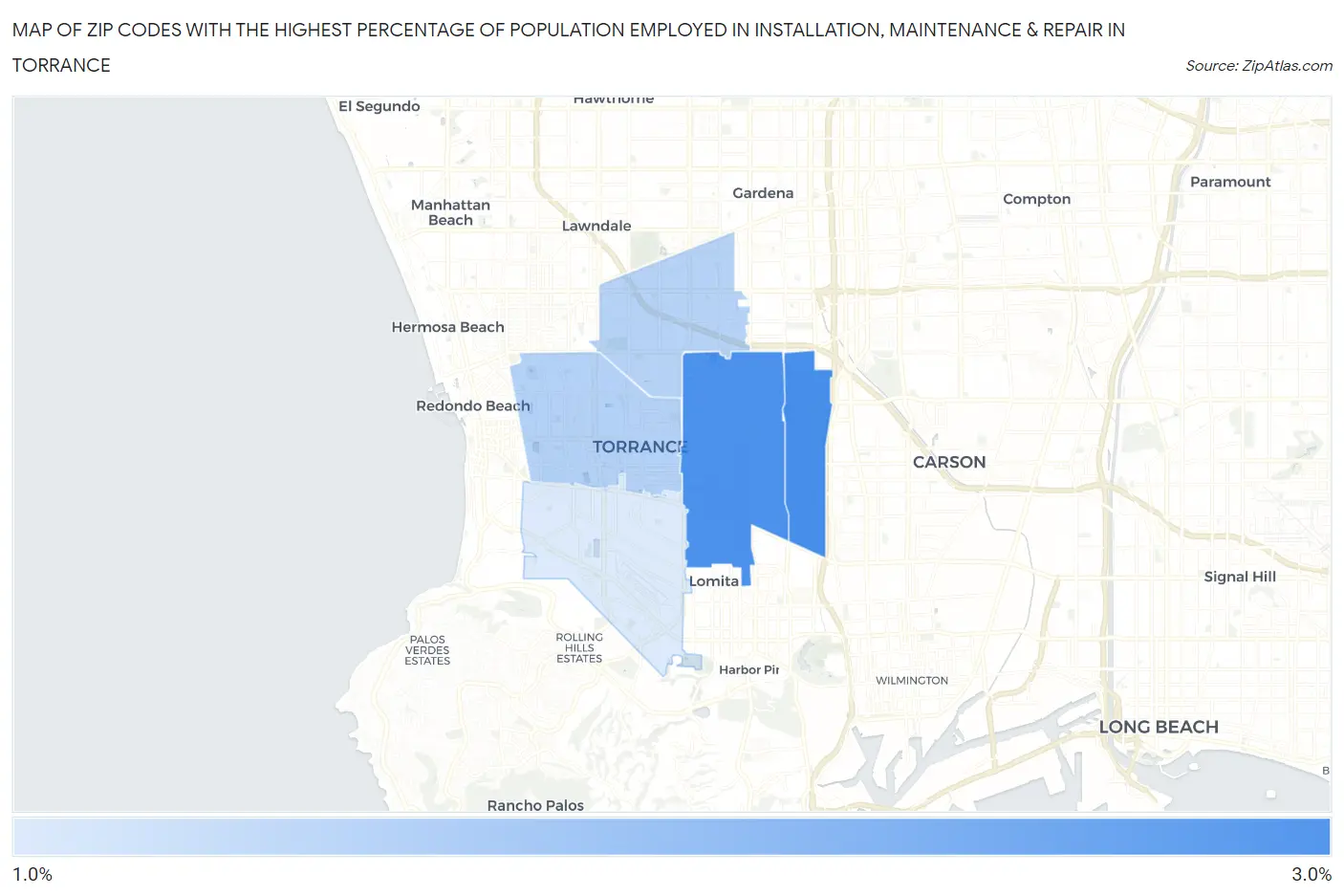 Zip Codes with the Highest Percentage of Population Employed in Installation, Maintenance & Repair in Torrance Map