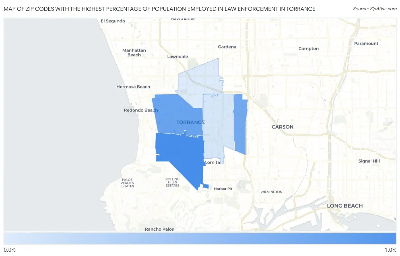 Zip Codes with the Highest Percentage of Population Employed in Law Enforcement in Torrance Map