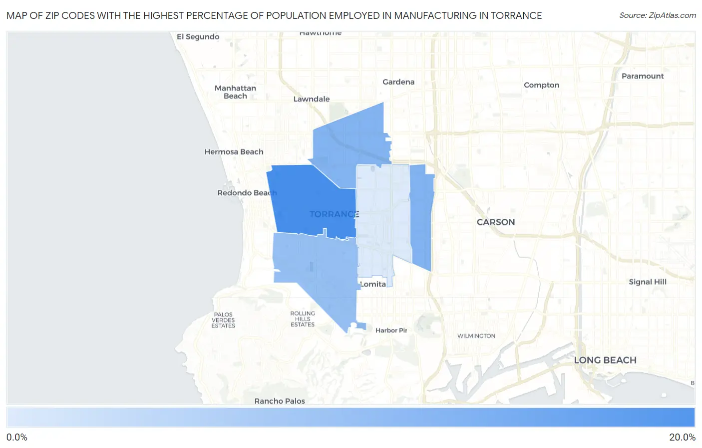 Zip Codes with the Highest Percentage of Population Employed in Manufacturing in Torrance Map