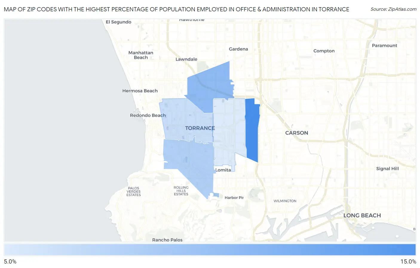 Zip Codes with the Highest Percentage of Population Employed in Office & Administration in Torrance Map